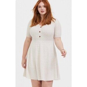 Torrid Oatmeal Sweater Knit Ribbed V Neck Button Front Skater Mini Dress 4X 26